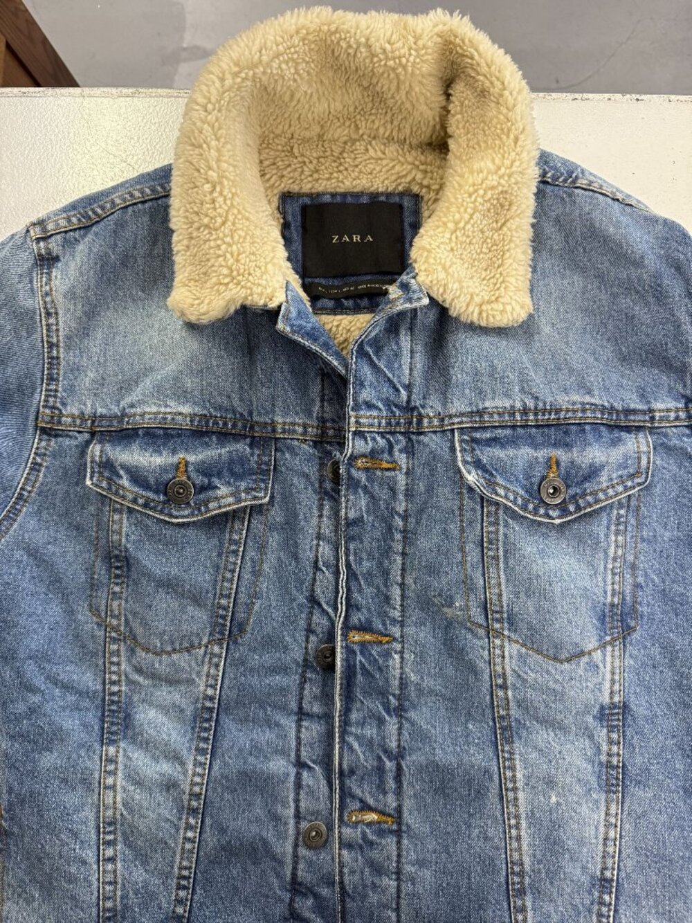 Zara Mens Denim Sherpa-Lined Jacket Size L Blue Made In Morocco